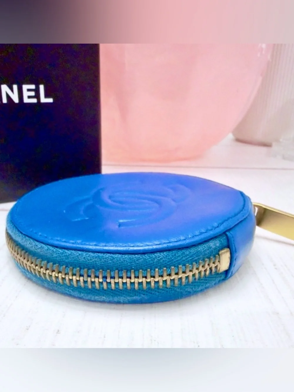 Rare Chanel Blue CC Logo Round Camellia Flower Lambskin Coin Purse Wallet
